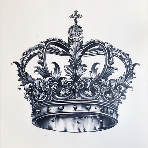 Queen crown tattoo with baroque details and shimmering silver ink