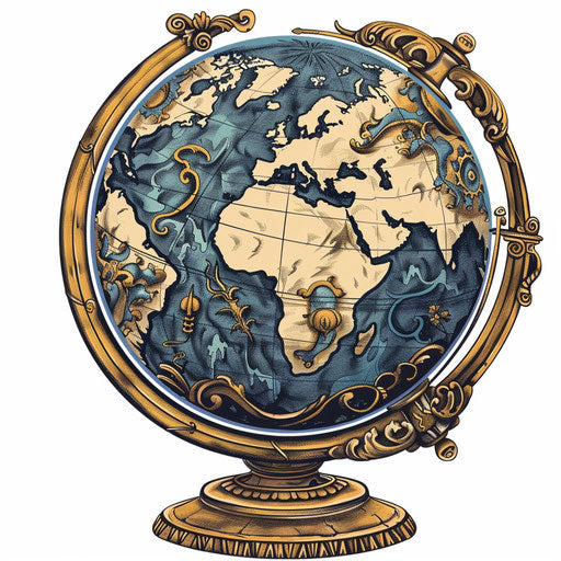 Traditional flat tattoo sketch of a globe with historical trade routes, rich blues and golds, clipart style