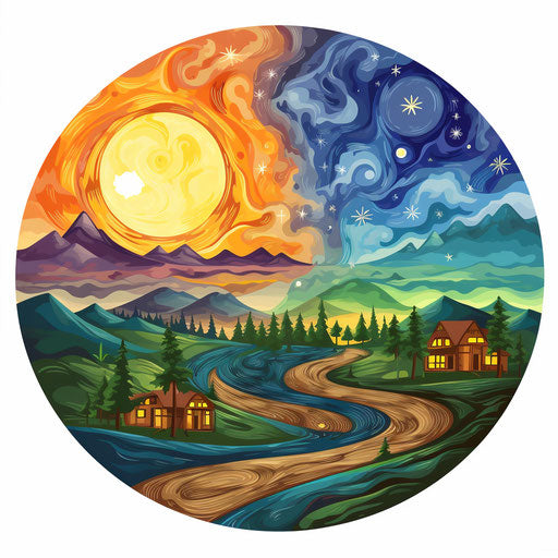 Day and night in the style of oil painting