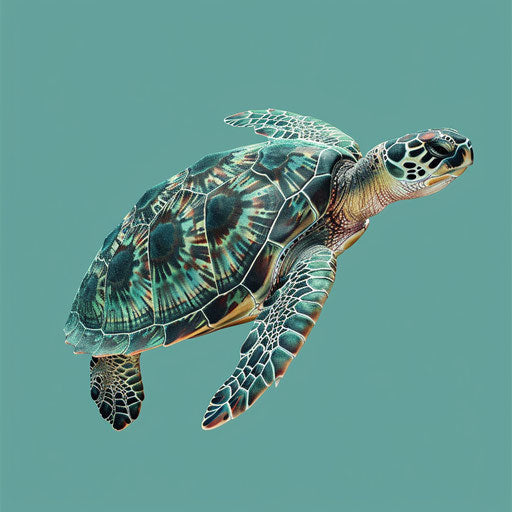 Realistic turtle illustration with detailed texture on flat teal background