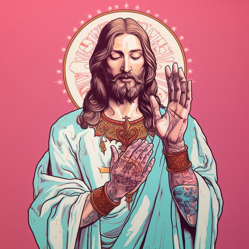 Jesus in tattoos showing hand gesture