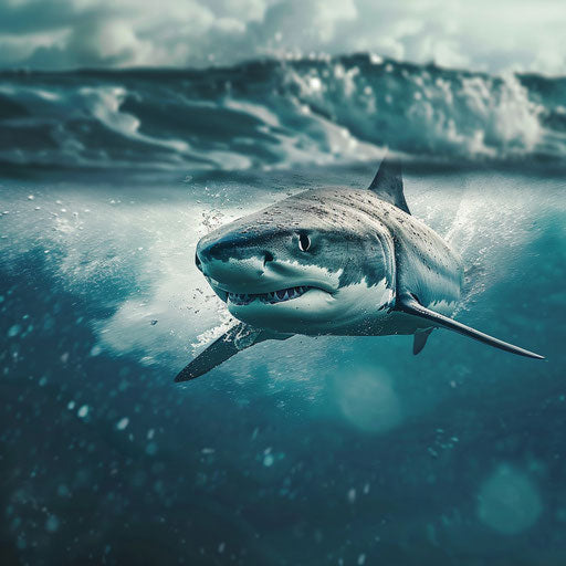 Tiger shark portrait against open ocean backdrop