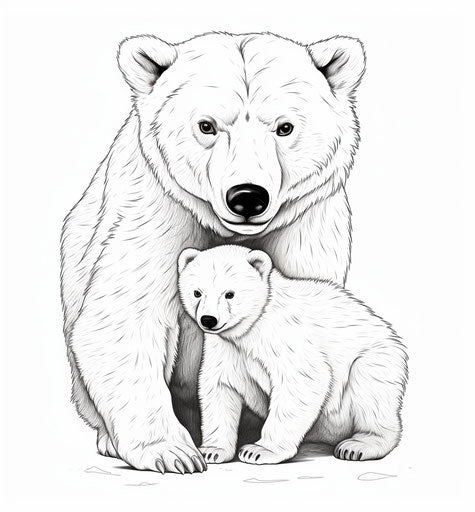 Cute polar bear and baby in ultra HD black and white