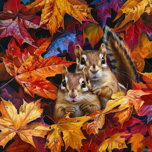 Chipmunks in vibrant autumn leaves, colorful and lively