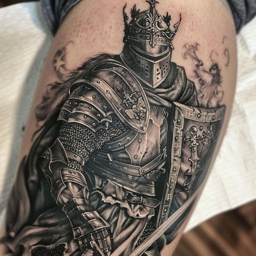 King in knight armor tattoo, black and gray shading