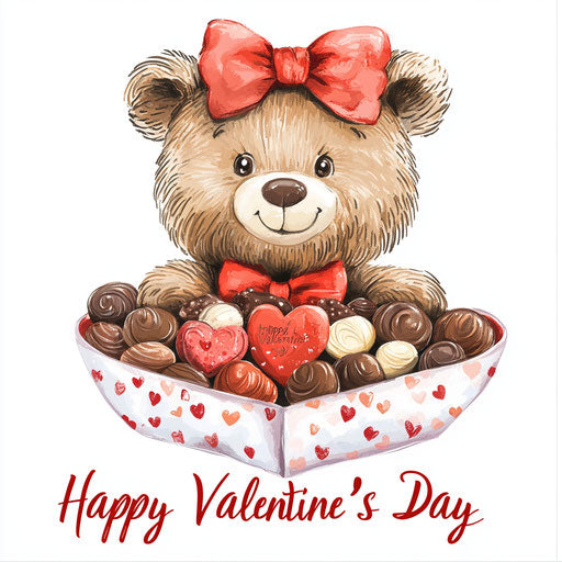 Sweet bear with red bow in heart-shaped chocolate box