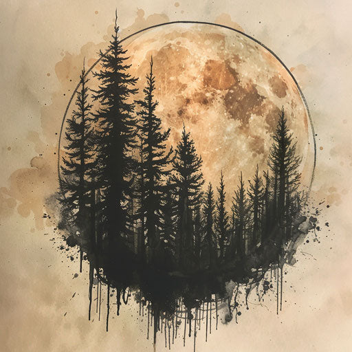 Flat tattoo sketch of a full moon against a forest silhouette