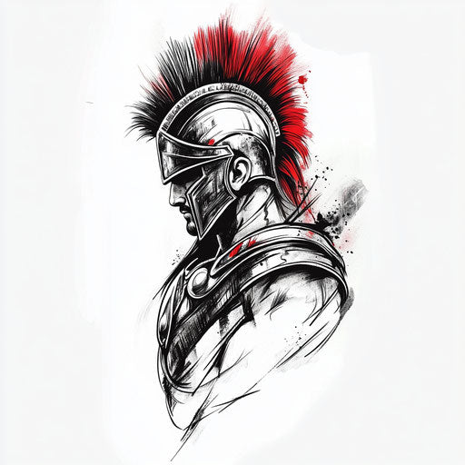 Flat tattoo sketch of Spartan warrior on inner bicep for men