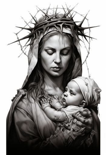 Black and white drawing of person with crown of thorns royalty