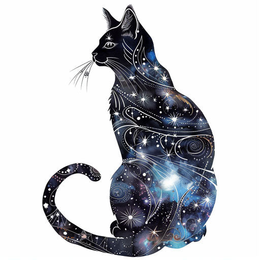 Black cat silhouette tattoo filled with cosmic patterns and stars on a pure white background