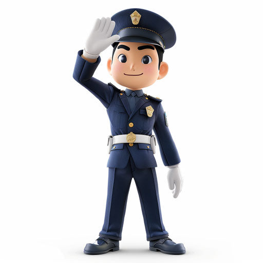 Japanese police officer in uniform saluting