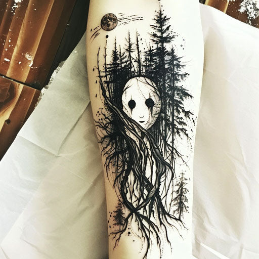 Nature-inspired flat tattoo sketch of No-Face among mystical forest