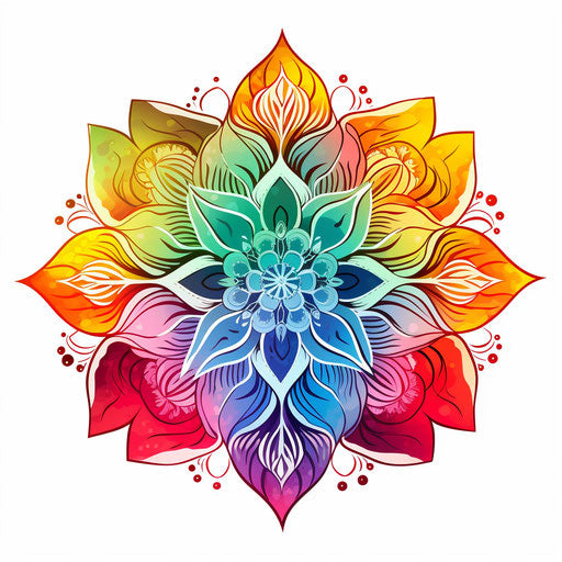 Rainbow mandala with flower design on white background