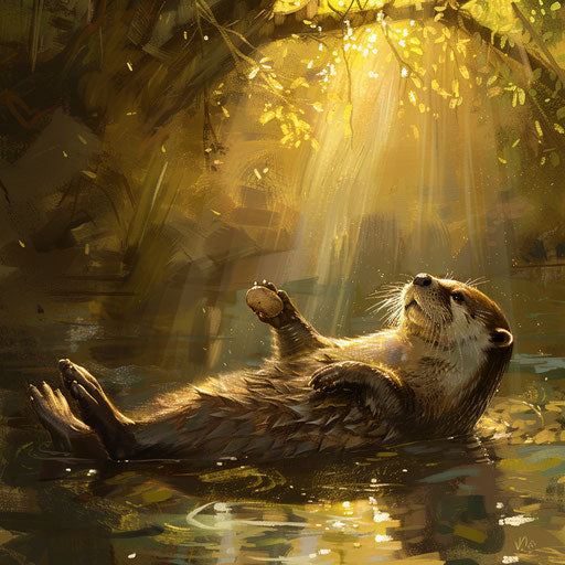 Otter floating in a sunlit river holding a stone