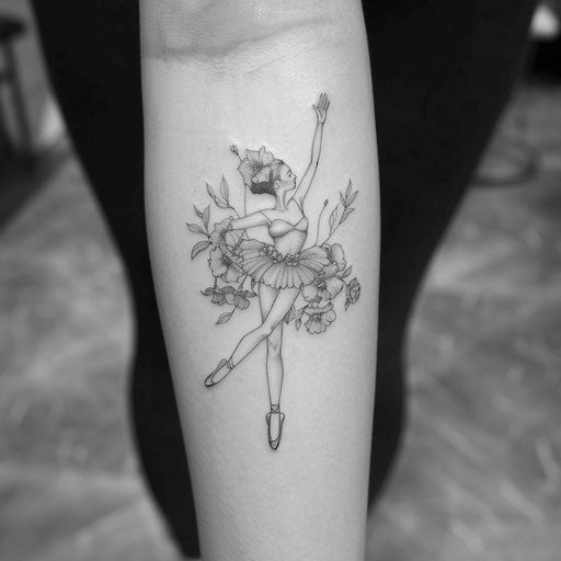 Sketch of a stylish ballerina with floral decorations for wrist coverup tattoo for women