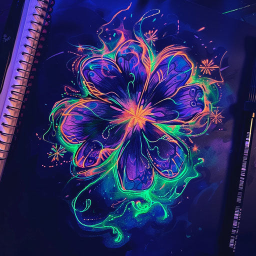 Vibrant clover tattoo sketch with neon colors and glow effects