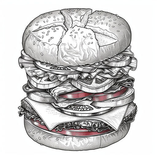 Detailed cross-section of a burger showing all its layers. Coloring book page