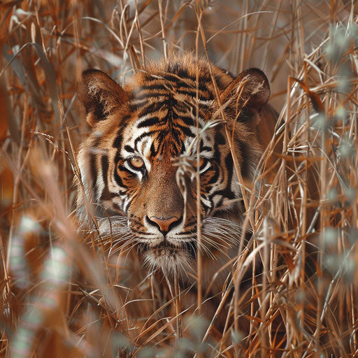 Tiger hidden in tall grass, piercing eyes