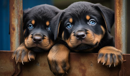 Rottweiler puppies playing in a fence with person