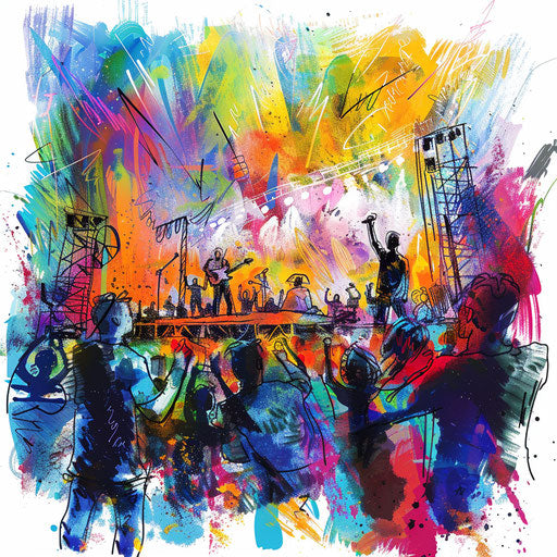 Energetic tattoo sketch of a music festival scene