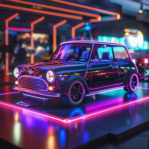 Cyber-enhanced 1980 Mini Cooper with holographic displays, AI, showcased in high-tech expo