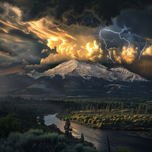 Approaching storm at Shasta Mountain, dramatic lighting and dark clouds contrasting with snowy peaks