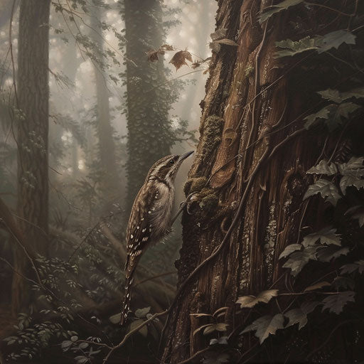 Camouflaged wall creeper bird against tree trunk misty woods