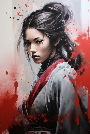 Woman with samurai sword, Japanese dystopian realism