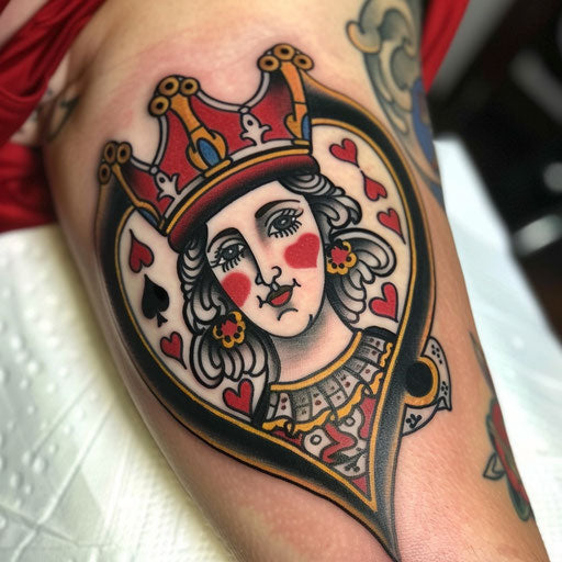 Vintage Queen of Hearts tattoo on white background
