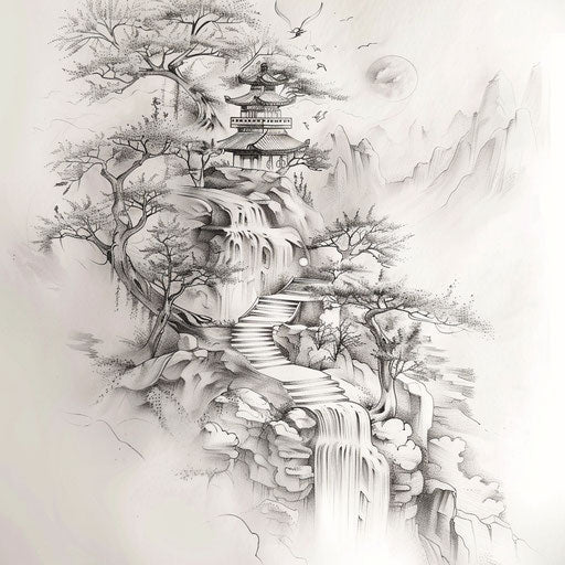 Elegant tattoo sketch of an oriental landscape