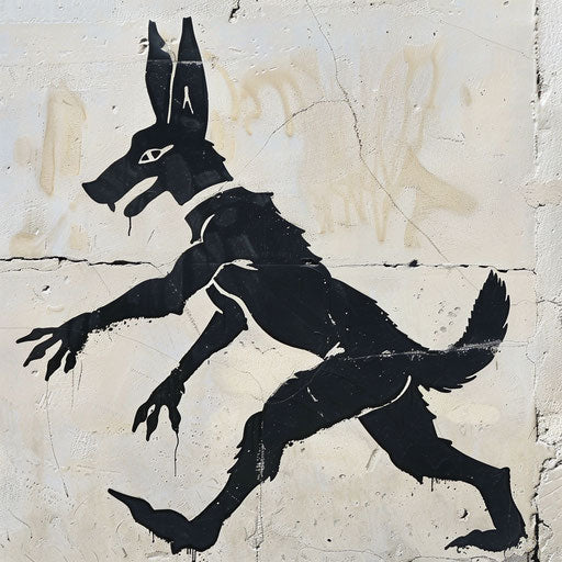 Anubis silhouette in a running pose on plain white background