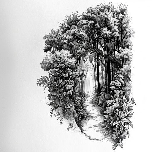 Intricate forest tattoo design with hidden path on white background
