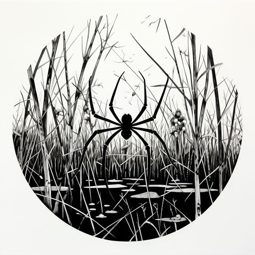 Black widow spider drawing, in the style of don blanding, negative space