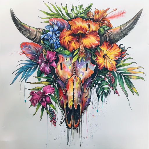 Exotic tattoo sketch of a cow skull with tropical flowers and vividly colorful parrot feathers