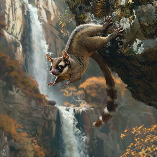 Leap of the flying squirrel between trees with waterfall