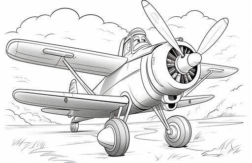 Airplane coloring page, Walt Disney style, strong facial expression