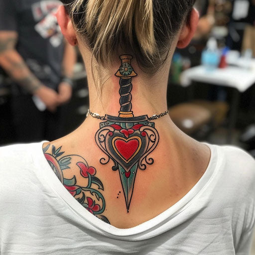 Neck tattoos for women Ed Hardy style with heart and dagger