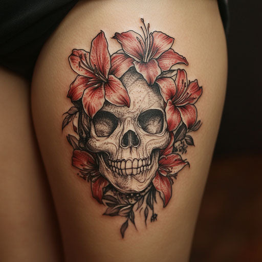 Flower tattoos for women with a skull surrounded by lilies