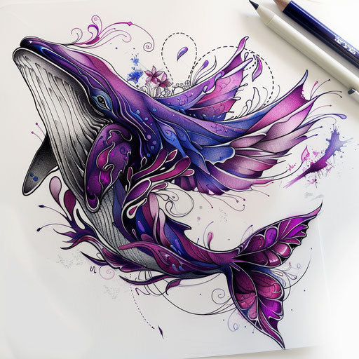 Whimsical tattoo sketch of a flying whale with wings in purples and magentas