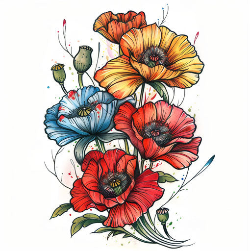 A vibrant cluster of poppy flowers in a tattoo design