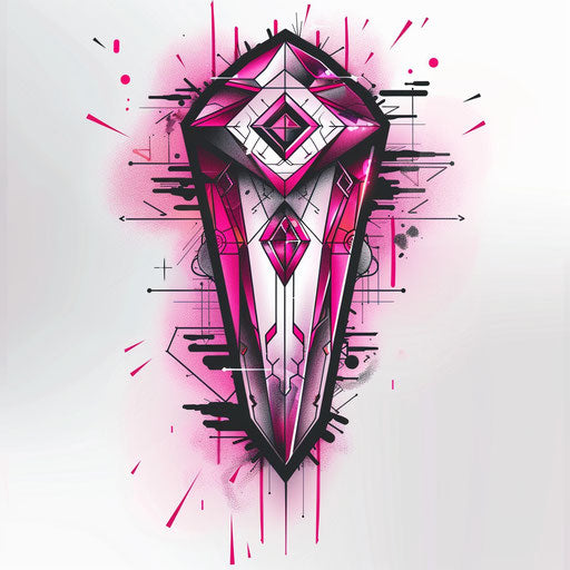 Coffin with geometric patterns and neon pink accents