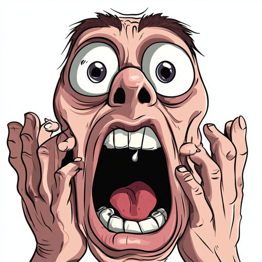 Humorous caricature of a scream with exaggerated human characteristics