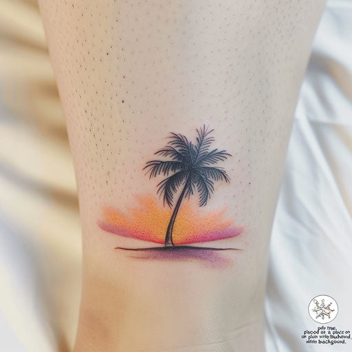 Minimalist sunset tattoo with pink-orange gradient on white background
