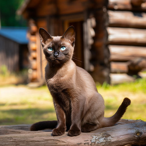Burmese cat sitting in front of a log cabin