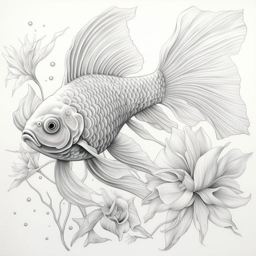 Goldfish coloring page, photorealistic symbolic
