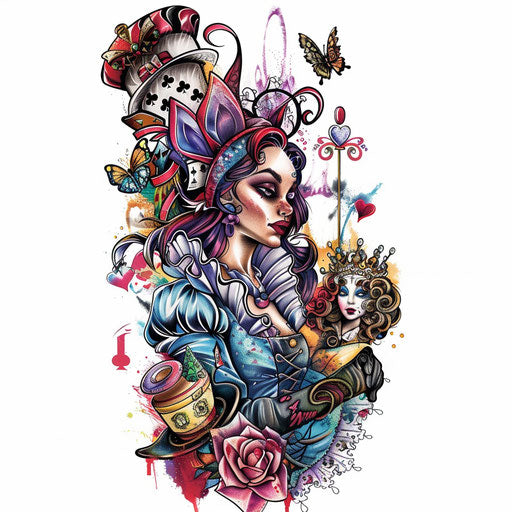 Colourful tattoo design of Alice playing croquet with the Queen of Hearts, on white backdrop.