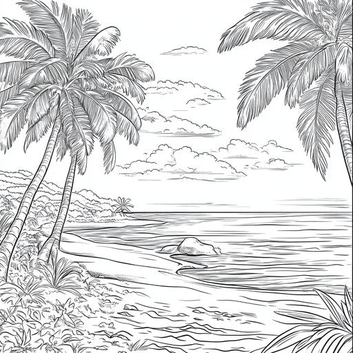 Serene beach with palm trees and clear sky, Jen Bartel style