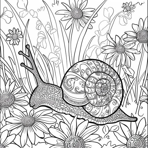 Whimsical snail with a floral-patterned shell in a garden