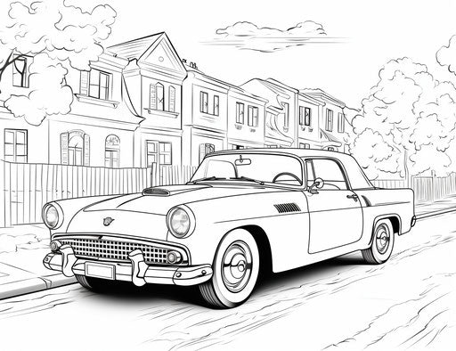 Vintage car coloring page, in the style of creased nostalgia