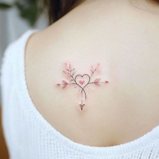 Back shoulder tattoo with heart and arrow in pink on white